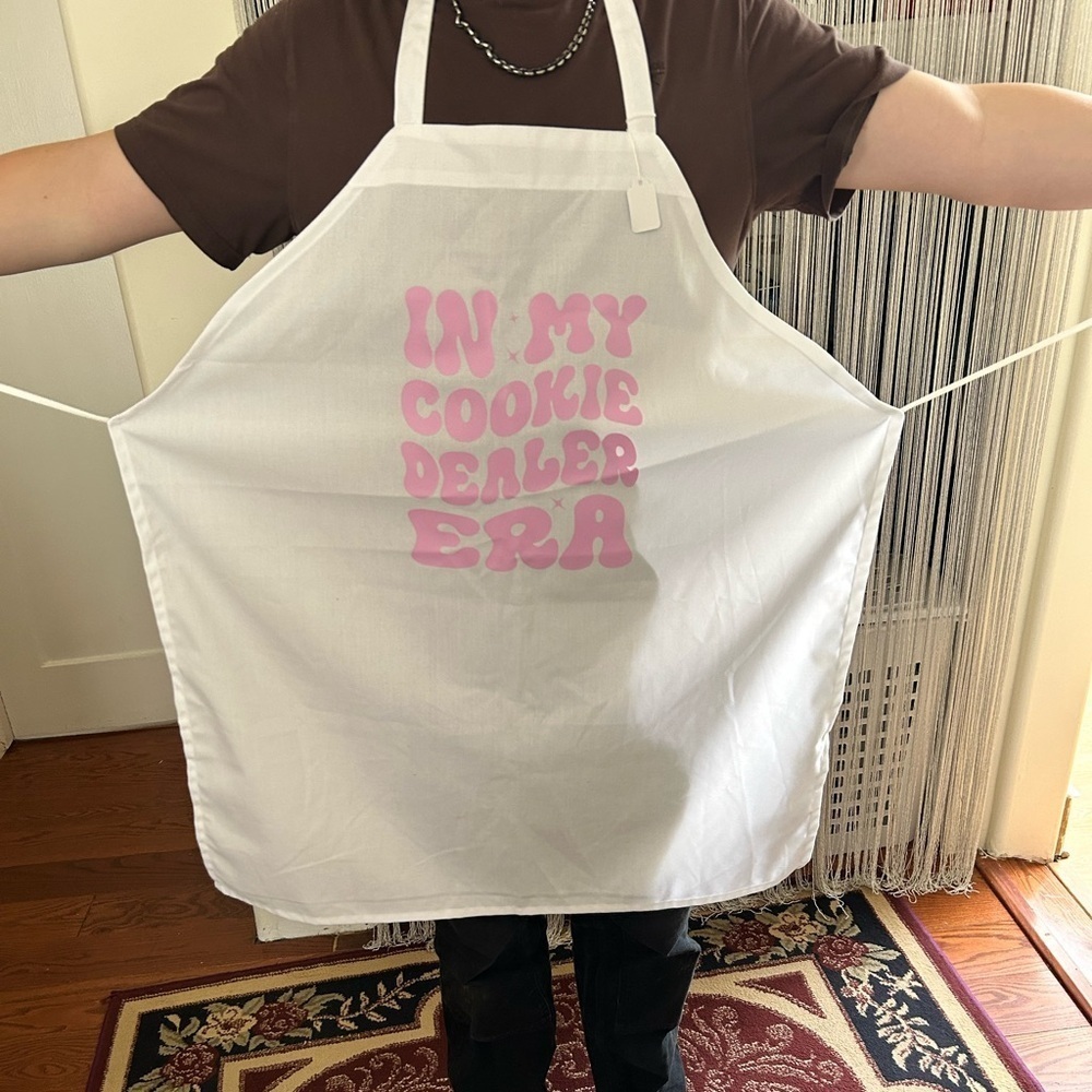 White Apron with Pink Text- in my cookie dealer era- great gift - new -